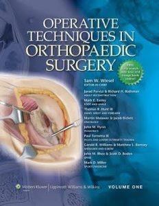 עטיפת הספר Operative Techniques in Orthopaedic Surgery, ספר מקצועי בתחום הכירורגיה האורתופדית עם איור ניתוחי של מפרק ועיצוב רפואי מקצועי